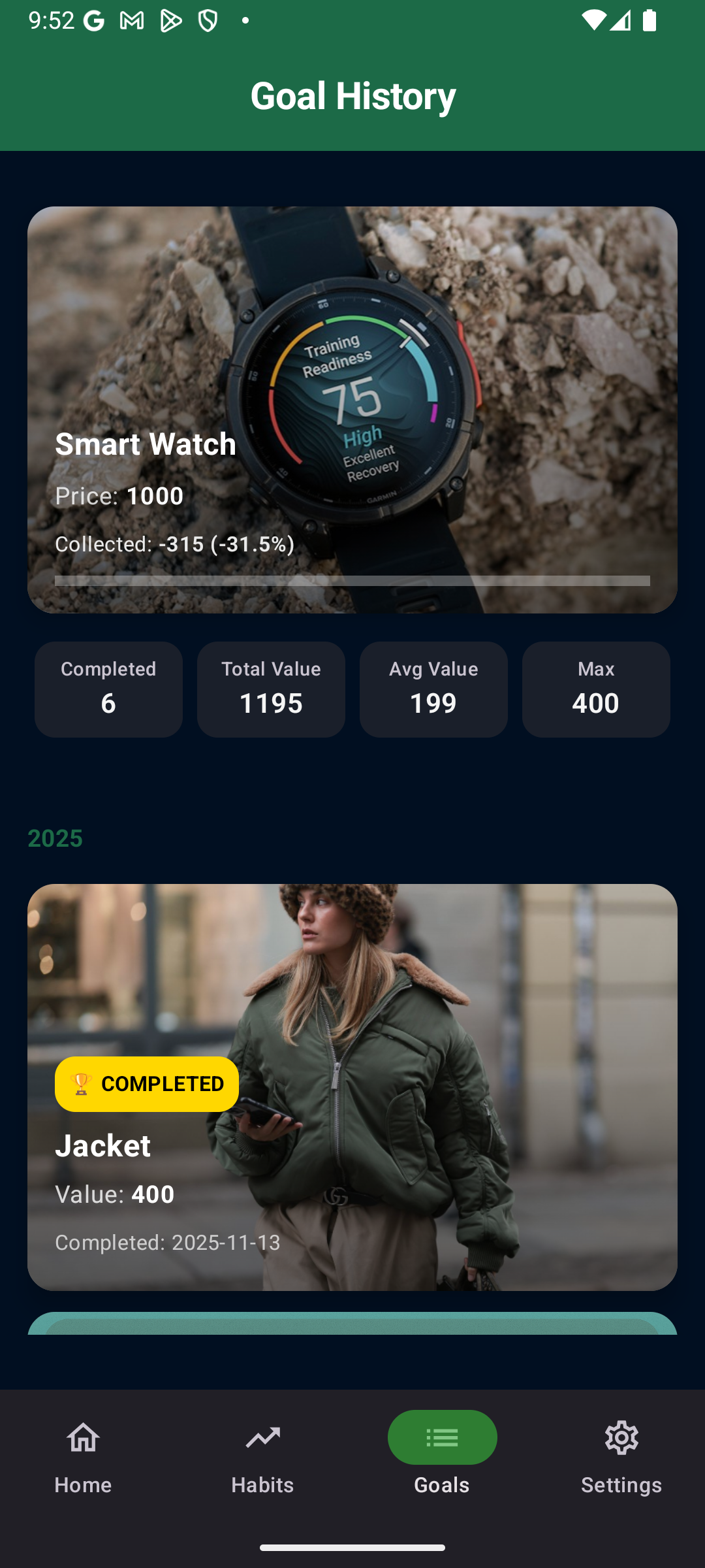 Goals Overview screen